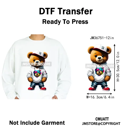12in Cool Retro Urban Streetwear Graffiti Hip Hop Teddy Bear Iron On DTF Washable Transfers Stickers Ready to Press For Clothing