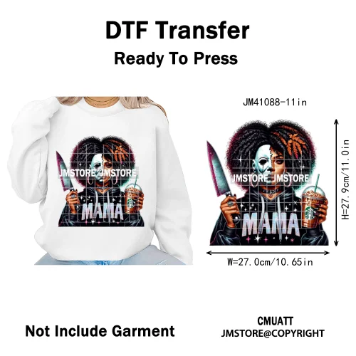 Horror Afro Mama Coffee Lover Scary Girly Killer Halloween Movie Iron on DTF Transfers Stickers Ready to Press for Textile Bags