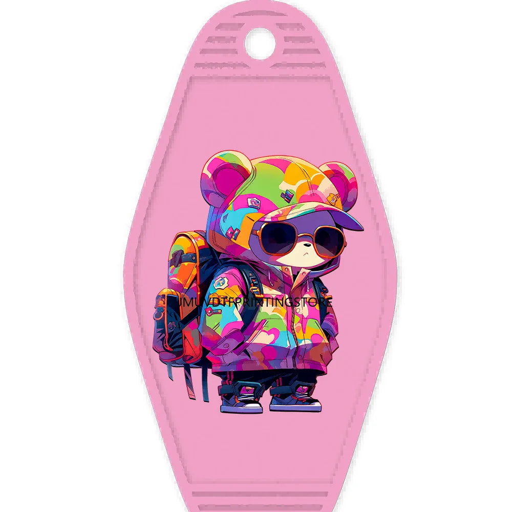 Cute Cat Girl Teddy Bears King High Quality WaterProof UV DTF Sticker For Motel Hotel Keychain Pink Cartoon Animals