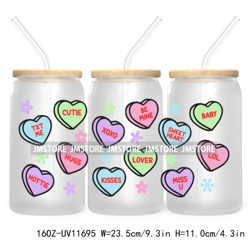 Funny Valentines Quotes 16OZ UV Cup Wrap DTF Transfer Stickers For Libbey Glass Can Cups Tumbler Self Love Valentine Hearts Kiss