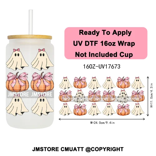 Halloween Fall Autumn Pumpkins Coquette Leopard Bow UV DTF Cup Wrap 16OZ Ready To Apply Transfer Stickers For Libbey Glass Can