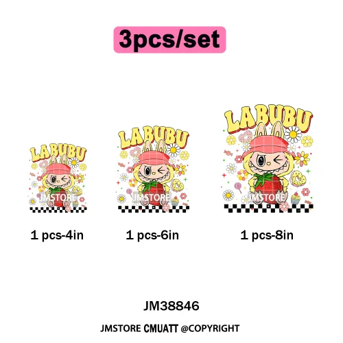 Floral Cute Checkered Cartoon Monster Character Iron on DTF Washable Transfers Stickers Designs Ready to Press for Textile Bags