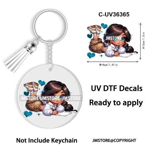 Cartoon Princess Reading Bookish UV DTF Decal Round Keychain Ready To Apply WaterProof Transfer Stickers For Circle Keychain