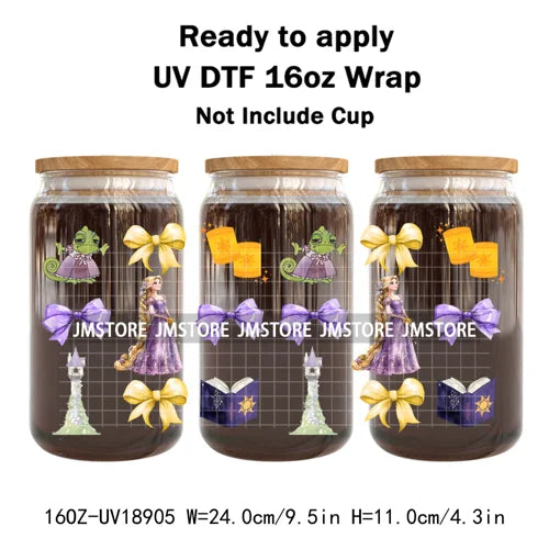 Coquette Bow Cartoon Princess Mirror UV DTF Cup Wrap Ready To Apply Transfer Stickers Waterproof Logo For 16OZ Libbey Glass Can