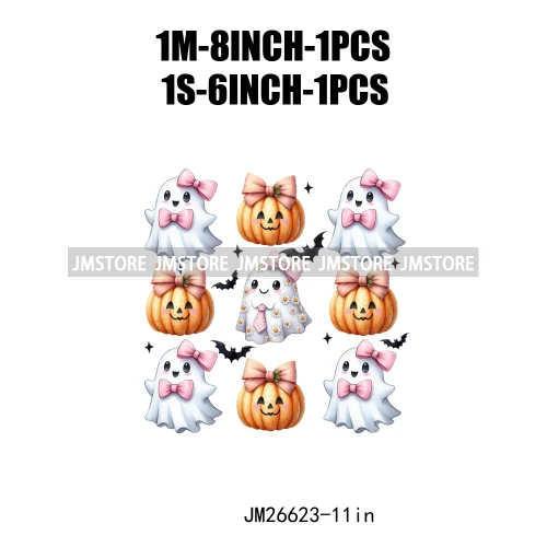 Colorful Halloween Spooky Season Cute Ghost Pumpkin Girly Coquette Bow DTF Iron On Transfers Stickers Ready To Press For T-shirt