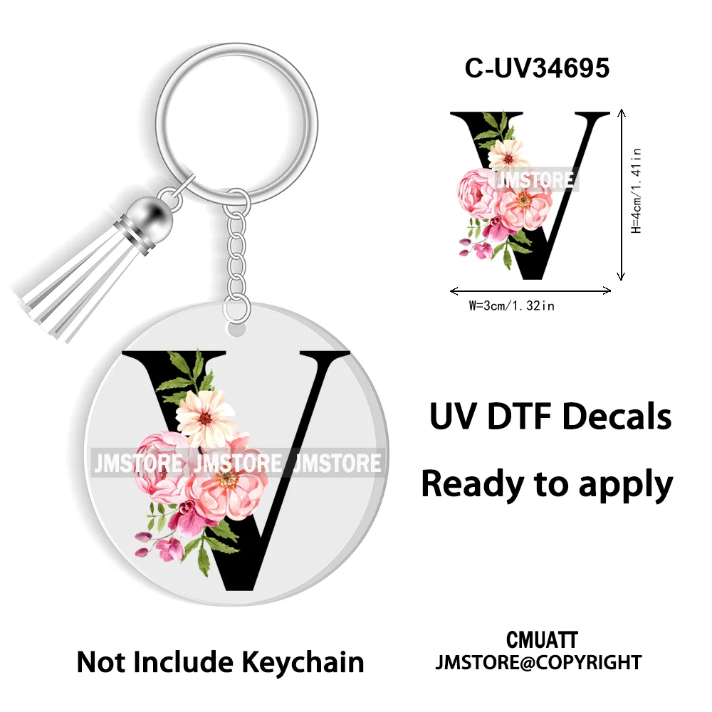 Floral Whole Entire Alphabet Flowers Black Letters Monogram WaterProof UV DTF Stickers For Round Circle Acrylic Keychain Keyring