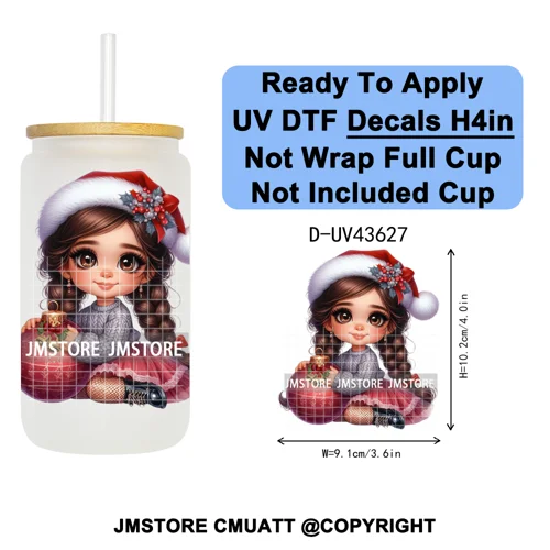 Chibi Cute Mexican Christmas Baby Girl UV DTF Decals Ready To Apply Waterproof Transfer Stickers For 16OZ Libbey Glass Can Mugs