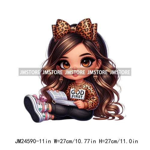 God First Chibi Cute Brown Hair Latina Dolls Baby Girls Coquette Bow Iron On DTF Transfer Stickers Ready To Press For Hoodies