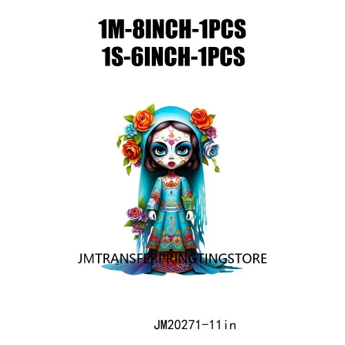 Cute Doll La Catrina Day Of The Dead Sugar Skull Mexican Halloween Iron On DTF Transfer Stickers Ready To Press For Hoodies Bags