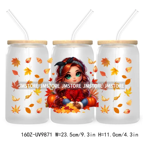 Mexican Latina Chibi Autumn Baby Girl UV DTF Sticker For 16OZ Libbey Glass Cup Can Wrap Transfer Stickers Custom Labels DIY Logo