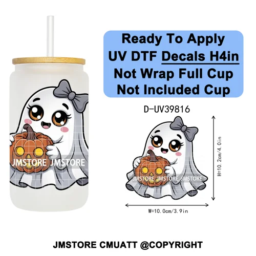Cute Halloween Witch Ghost Sweet Boo UV DTF Decals Ready To Apply Waterproof Transfer Stickers Prints For 16OZ Libbey Glass Can
