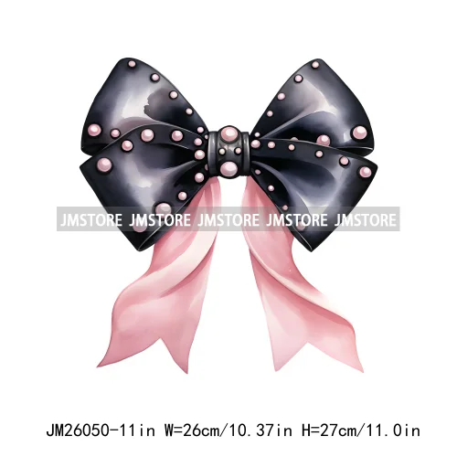 Trendy New Girl Pink Black Polka Dots Ribbons Coquette Bows Washable DTF Iron On Transfer Stickers Ready To Press For Clothing