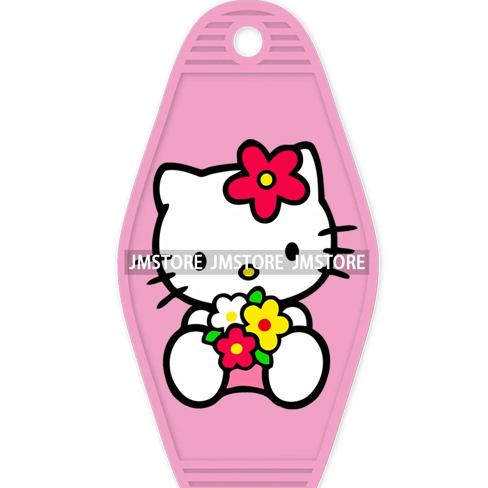 Cute Cartoon Pink Hello Cat With Bow Flower High Quality WaterProof UV DTF Sticker For Motel Hotel Keychain Labels DIY Logo