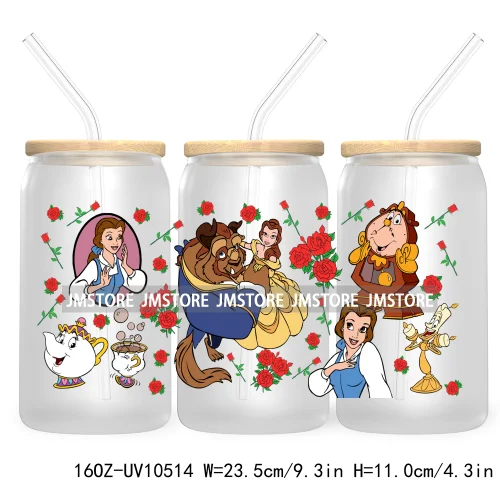 Cartoon Princess Floral Flowers 16OZ UV DTF Cup Wrap Transfer Stickers Custom Labels Waterproof For Libbey Glass Can Best Friend