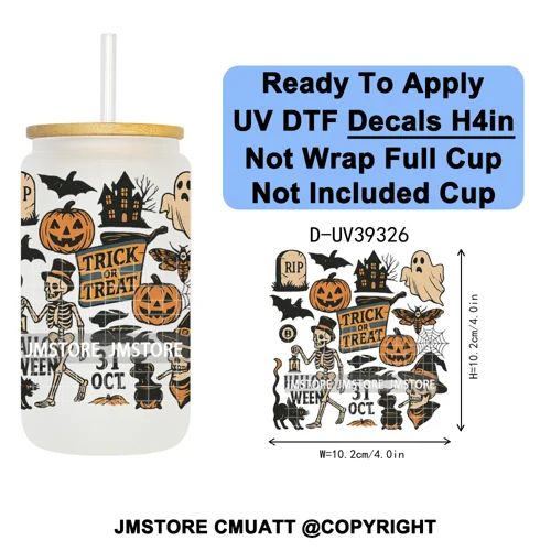 Stay Spooky Halloween Horror Pumpkin Coquette UV DTF Decals Ready To Apply Waterproof Transfer Sticker For 16OZ Libbey Glass Can