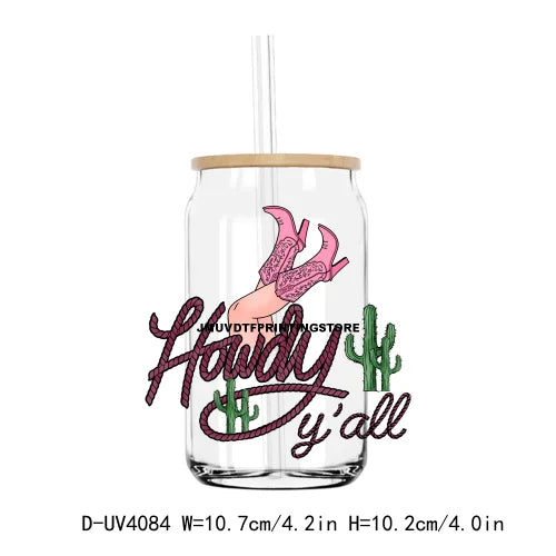 Western Howdy Cowgirl Valentine's Day UV DTF Sticker For 16OZ Libbey Glass Cup Can Wrap Transfer Sticker Custom Labels DIY Logo