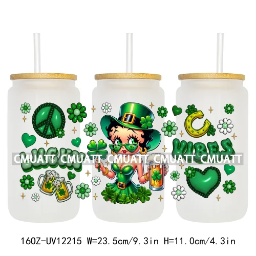 Cartoon Princess Girls St Patricks' Day Lucky Vibes 16OZ UV DTF Cup Transfer Wrap Sticker Waterproof Logos For Libbey Glass Can