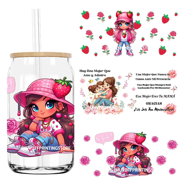 Cartoon Strawberry Girl 16OZ UV DTF Cup Wrap Transfers Stickers Mexican Custom Labels DIY Waterproof Logo For Libbey Glass Can