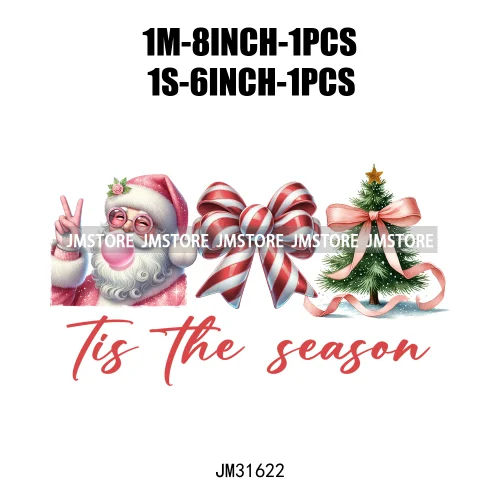 Tis The Season Blowing Bubble Santa Claus Coquette Bow Tree Christmas Iron On DTF Transfers Stickers Ready To Press For Hoodies