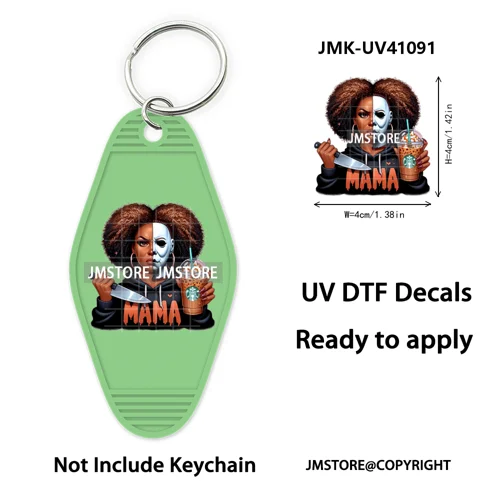 Black Horror Mama Skull Skeleton Ghosts UV DTF Motel Keychain Wraps Ready To Apply Waterproof High Quality Hotel Keychain Decals