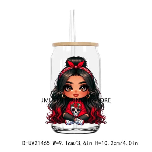 Chibi Cute Chicana Doll With Rose UV DTF Transfers Stickers Decals For Libbey Cold Cups Mugs Tumbler Mexico Waterproof DIY Logo