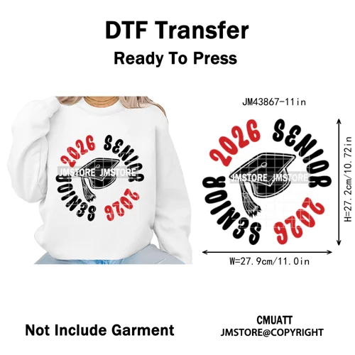 High School Senior 2026 Graduation Club Coquette Gifts Iron on Washable DTF Heat Transfers Stickers Ready to Press for Clothes