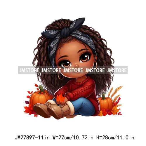 New Autumn Chibi Black Baby Girls Cartoon Afro Princess Pumpkin Fall Season DTF Iron On Heat Press Transfer Stickers For Hoodies