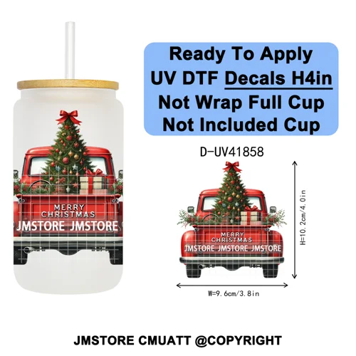 Watercolor Christmas Farm Truck Xmas Gifts UV DTF Transfer Stickers Decals Ready To Apply Waterproof For 16OZ Libbey Glass Can