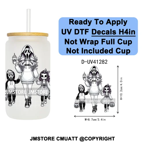 Family Halloween Horror Mama UV DTF Transfer Stickers Decals Ready To Apply Waterproof For 16OZ Libbey Glass Can Cups Tumbler