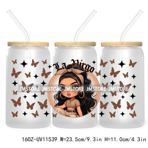 Chicana Chola Zodiac Chibi Latina Girls 16OZ UV DTF Cup Wrap Transfer Stickers Waterproof For Libbey Glass Can Horoscope Signs