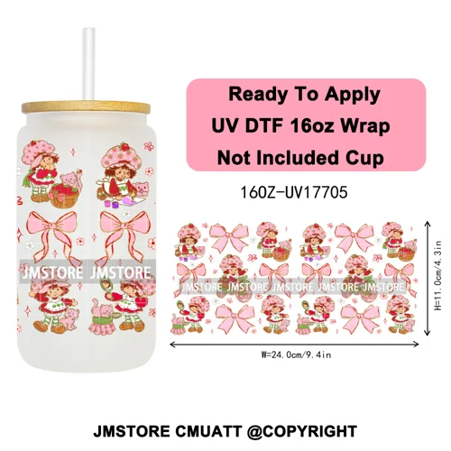 90s Cartoon Strawberry Characters Coquette Bow 16OZ UV DTF Cup Wraps Ready To Apply Transfer Stickers For Libbey Glass Can Mugs