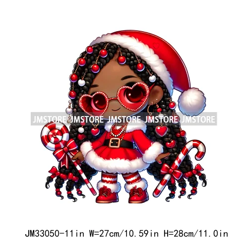 Cute Santa Hat Baby Afro Girls Coquette Bow Christmas Festive Holiday Iron On DTF Transfer Stickers Ready To Press For Clothing