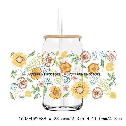 Colorful Wild Floral Flowers 16OZ UV DTF Cup Wrap Transfers Stickers Custom Labels DIY Waterproof Logo For Libbey Glass Can