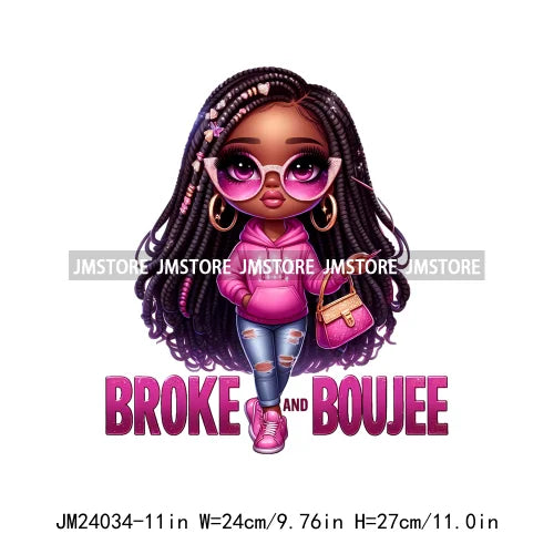 Mom Broke Bestie Little Girls Funny Quote Logos Curvy Black Afro Women Iron On DTF Transfer Stickers Ready To Press For T-shirts