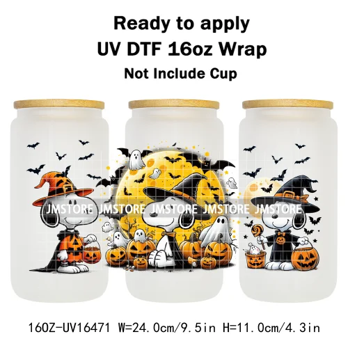Spooky Ghost Halloween Pumpkin Cartoon Dog 16OZ UV DTF Cup Wraps Ready To Apply Waterproof Transfer Sticker For Libbey Glass Can
