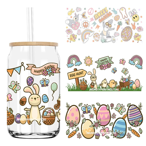 Easter Bunny Egg Spring Flowers UV DTF Sticker For 16OZ Libbey Glass Cup Can Wrap Transfer Sticker Custom Labels DIY Logo