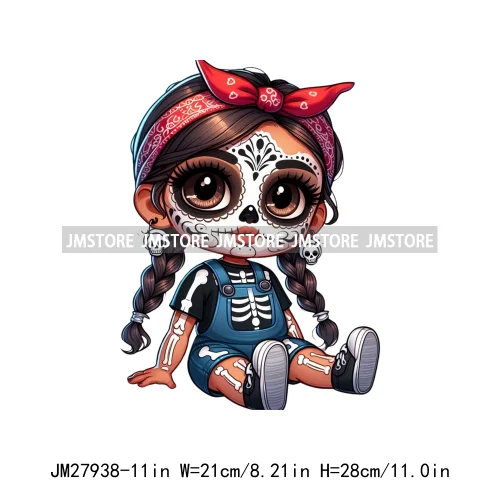 Halloween Skeleton Latina Baby Chibi Hispanic Girls Spooky Season DTF Iron On Transfers Stickers Ready To Press For Clothing