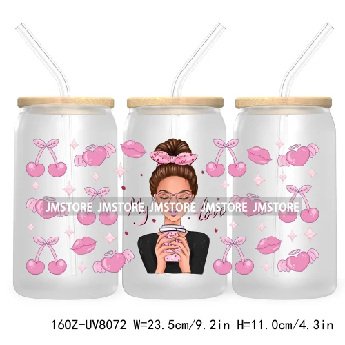 Woman With Bubble Gum Pink UV DTF Sticker For 16OZ Libbey Glass Cup Can Wrap Transfer Stickers Custom Labels DIY Logo Messy Bun