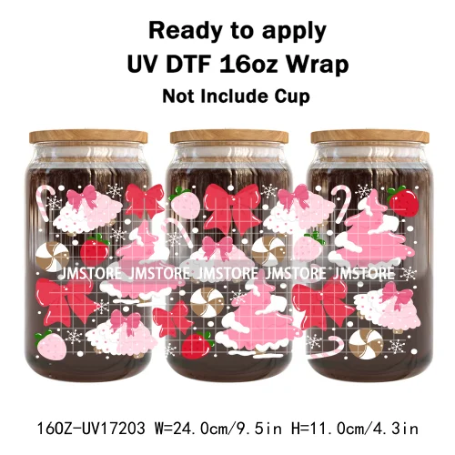 Coquette Bow Bookish Christmas Tree Gingerbread 16OZ UV DTF Cup Wraps Ready To Apply Transfer Stickers For Libbey Glass Can Mugs