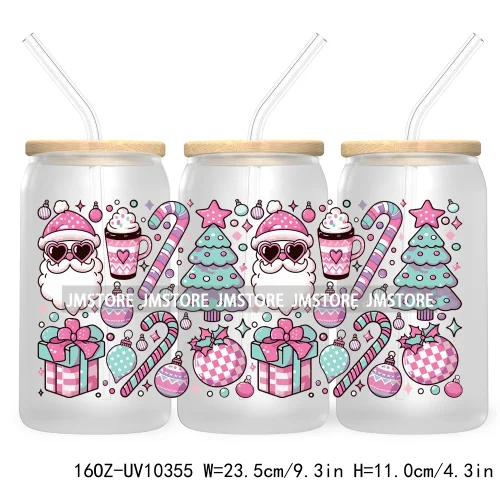 Retro Christmas Santa Claus 16OZ UV Cup Wrap DTF Transfer Stickers For Libbey Glass Can Cups Tumbler Cookie Gingerbread Dog Mom