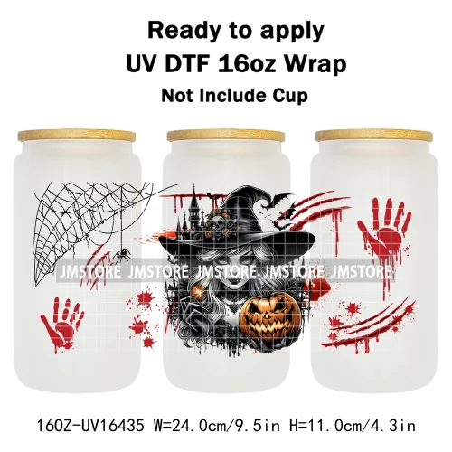 Halloween Witch Princess Bat Pumpkin UV DTF Wraps Transfer Stickers Waterproof High Quality For 16OZ Libbey Glass Can Tumbler