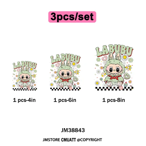 Floral Cute Checkered Cartoon Monster Character Iron on DTF Washable Transfers Stickers Designs Ready to Press for Textile Bags