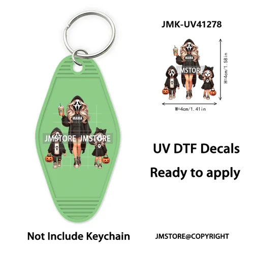 Halloween Horror Mama Kids Ghost Girl Coffee UV DTF Motel Keychain Decal Ready To Ship Transfer Sticker Print For Hotel Keychain