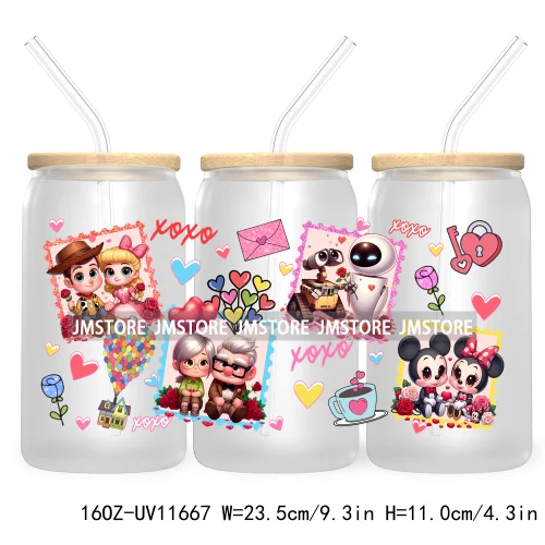 Cute Cartoon Couple XOXO Valentine's Day UV DTF Cup Wrap Transfer Stickers For 16OZ Libbey Glass Can Cupid Vibes Love Hearts