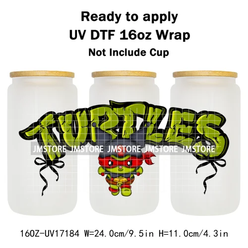 Coquette Bow Cartoon Turtles Characters 16OZ UV DTF Cup Wraps Ready To Apply Waterproof Transfer Stickers For Libbey Glass Can