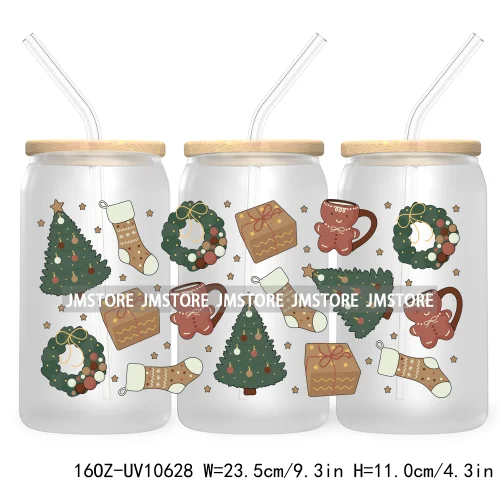 Book Lover Merry Christmas Bow UV DTF Cup Wraps Transfers Sticker For 16OZ Libbey Glass Can Xmas Cheer Coffee Cup Winter Basics