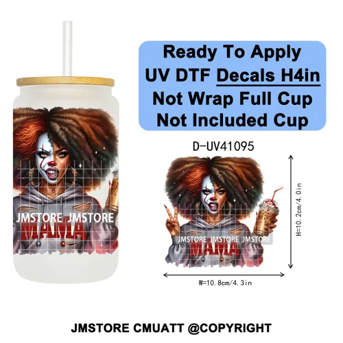 Scary Movie Character Afro Girls Halloween UV DTF Transfer Stickers Decals Ready To Apply Waterproof For 16OZ Libbey Glass Can