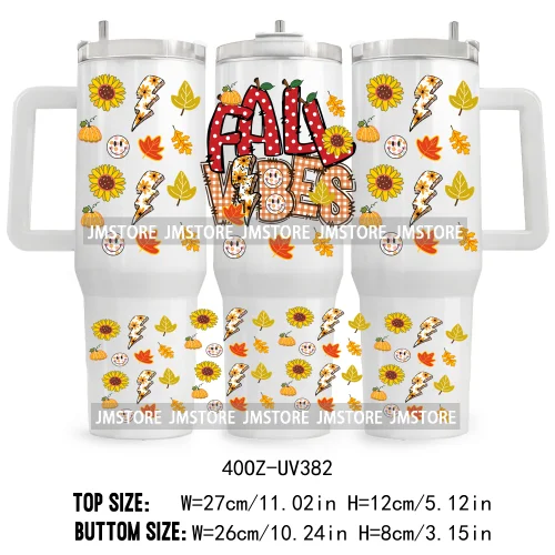 Fall Vibes Vintage Flowers UV DTF Tumbler Wrap Transfer Stickers Feral Girl Autumns Pumpkins 40OZ Wraps Waterproof Custom Labels