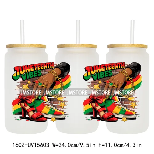 Juneteenth Vibes Sneaker And Heel Afro Woman 16OZ UV DTF Cup Wraps Ready To Apply Transfer Stickers For Libbey Glass Can Tumbler