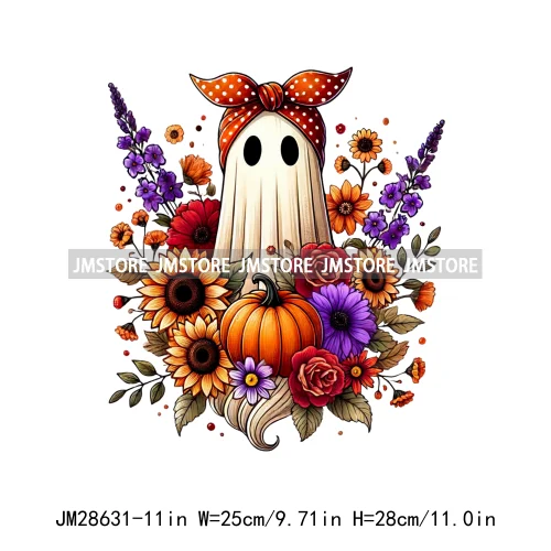 Cute Fall Florals Spooky Ghost Halloween Pumpkins Leaves Autumn  Iron On DTF Transfers Stickers Ready To Press For T-shirts Bags